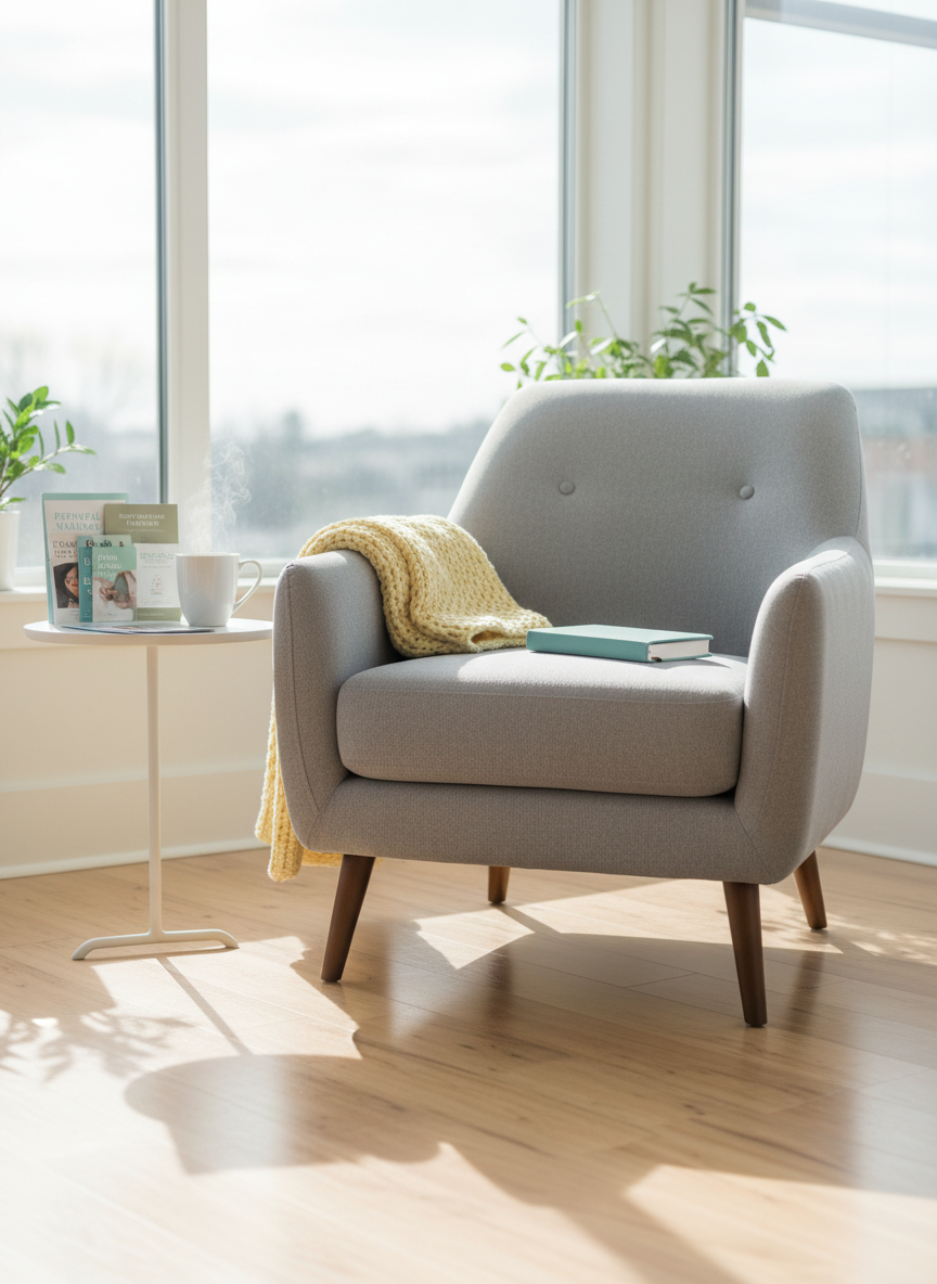 A neatly arranged pregnancy support resource corner without any people, featuring a soft gray upholstered armchair with a folded pastel yellow knit baby blanket draped over one arm and a small white side table beside it. On the table rests a closed teal pregnancy journal, a ceramic cup of herbal tea, and a tidy stack of informational brochures about prenatal care and parenting. The scene is set in a bright, modern room with light wood floors and a large window, bathed in gentle morning light that casts soft, reassuring shadows. Photographic realism, shot at eye level with a shallow depth of field, creating a calm, hopeful, and professional atmosphere suitable for a non-profit support network homepage.